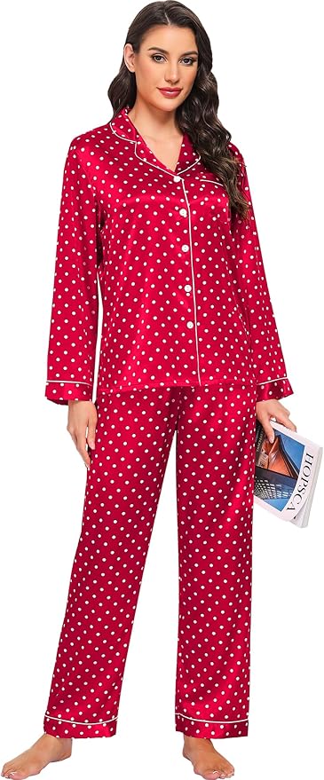 SWOMOG Womens Silk Satin Pajamas Set Long Sleeve Button Down Sleepwear 2 Piece Lounge Set Pj Set XS-3XL