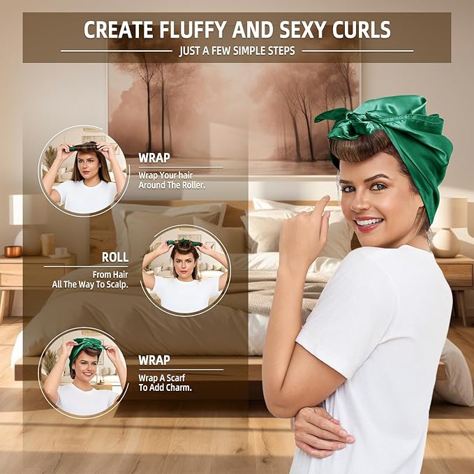 Overnight Heatless Hair Curler Jumbo Set, Overnight Rods for No Heat Curls - Velvet Satin Flexi Rods Sleep in Curlers Blowout, Hair Styling Accessories with Silk Scarf 4pcs Green