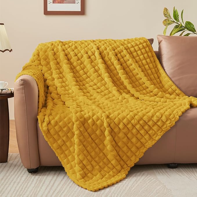BEDELITE Mustard Yellow Throw Blanket for Couch and Bed- Super Soft and Warm 3D Checkered Fluffy Fuzzy Fleece Blanket, Luxurious Plush Cozy Blanket for Room Decor Spring, 50x60 inches