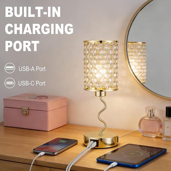 EOEYYOYB Crystal Table Lamp with 3 Way Dimmable Touch Control, Nightstand with USB A+C Ports, Modern Bedside Touch Lamp for Bedroom, Living Room, Office Reading, Gold