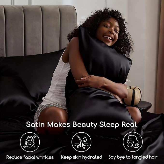 MR&HM Satin Bed Sheets, California King Size Sheets Set, 4 Pcs Silky Bedding Set with 15 Inches Deep Pocket for Mattress (California King, Black)