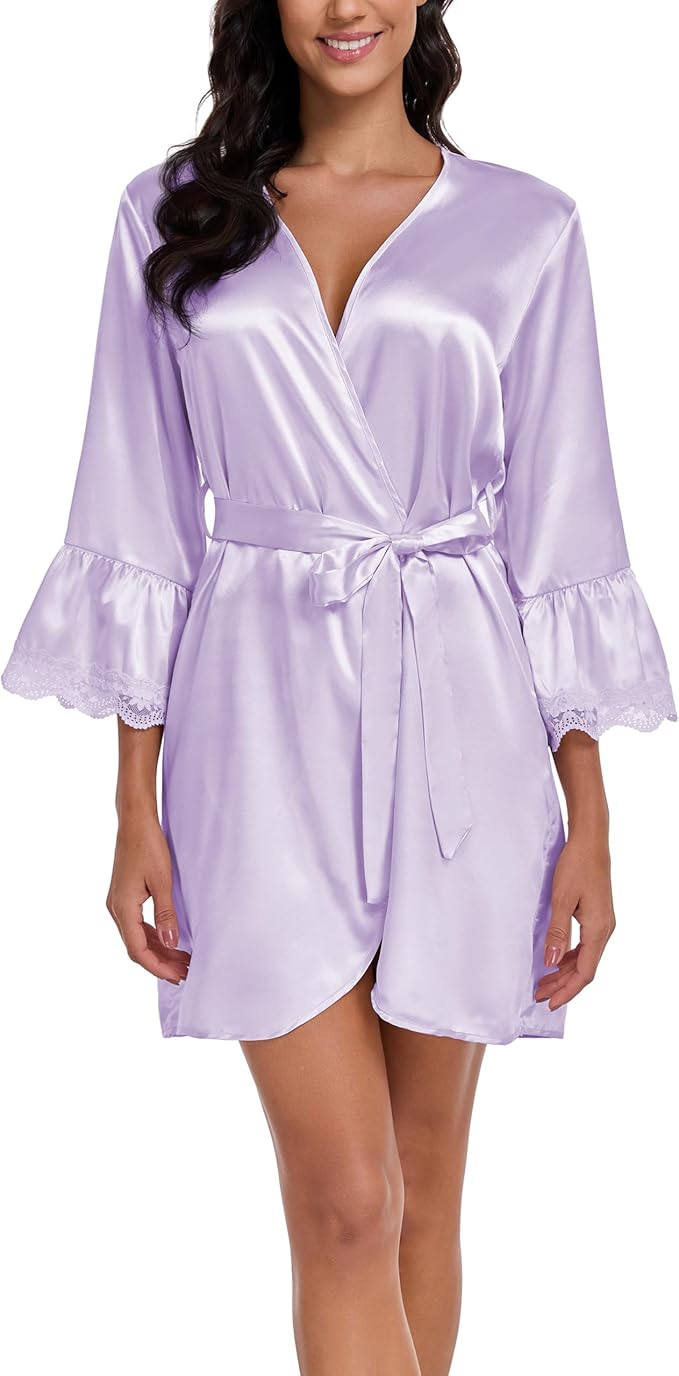 Lace Trim Satin Robes for Women Bride Bridesmaid Silky Kimono Robe Valentines Lingerie with Bell Sleeves