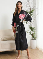 Kihnop Women's Floral Long Kimono Robe Long Satin Robe Long Silk Robe Ladies Kimonos Silky Bathrobe Cover Up, One Size