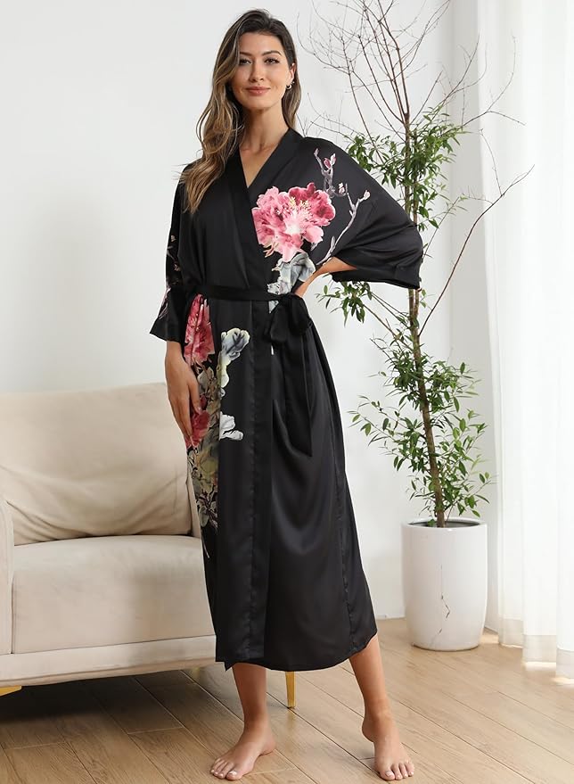 Kihnop Women's Floral Long Kimono Robe Long Satin Robe Long Silk Robe Ladies Kimonos Silky Bathrobe Cover Up, One Size