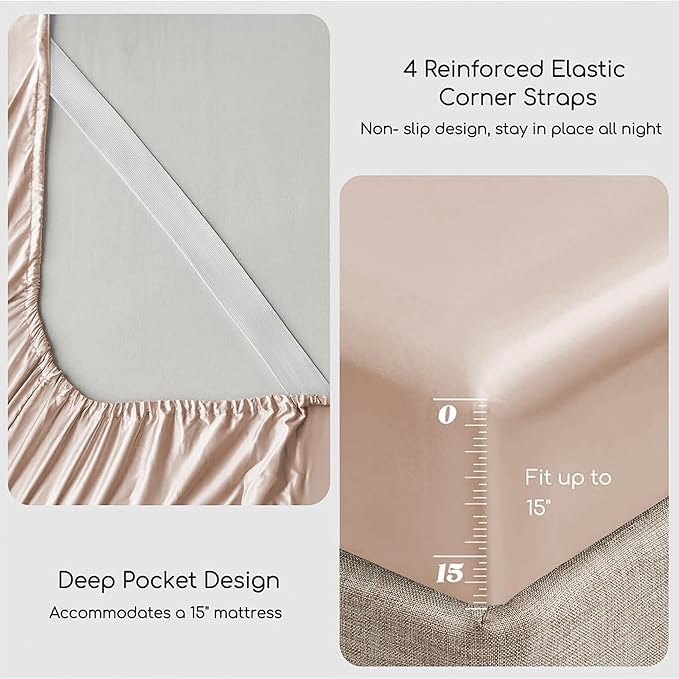 MR&HM Satin Bed Sheets, Twin XL Size Sheets Set, 3 Pcs Silky Bedding Set with 15 Inches Deep Pocket for Mattress (Twin XL, Champagne)