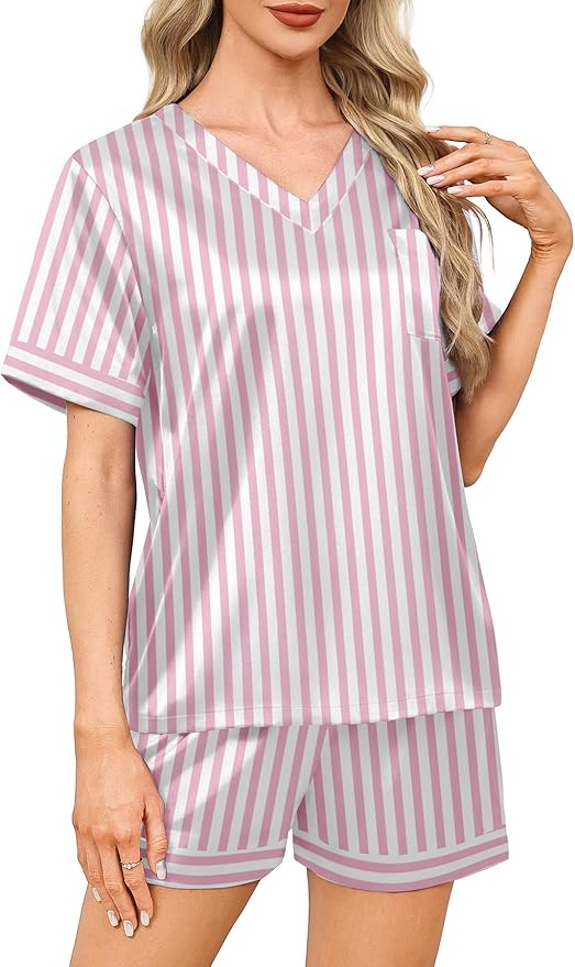 WIHOLL Silk Pajamas for Women Short Sleeve Sleepwear Soft Lounge Sets 2 Piece Satin Pjs
