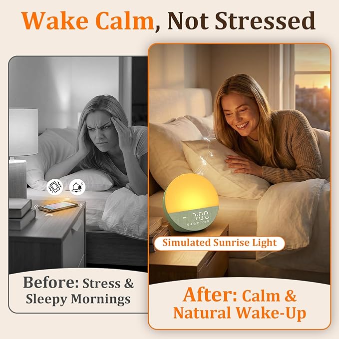 Wkzay Wake Up Sunrise Alarm Clock: 10-60 Minutes Simulate Sunrise for Gentle Wake Up - 20 Adjustable Brightness Bright Enough for Heavy Sleepers - Dual Alarms with Sound Machine