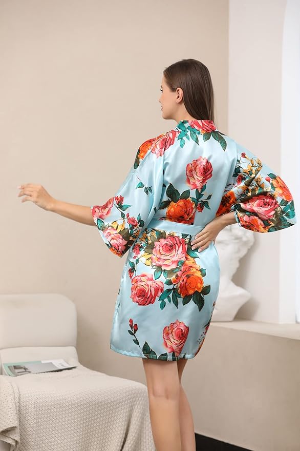QXQTER Peony Floral Silky Satin Robe Wedding Bridal Party Bride Bridesmaid Robes for Women Dressing Gown Kimono Robe