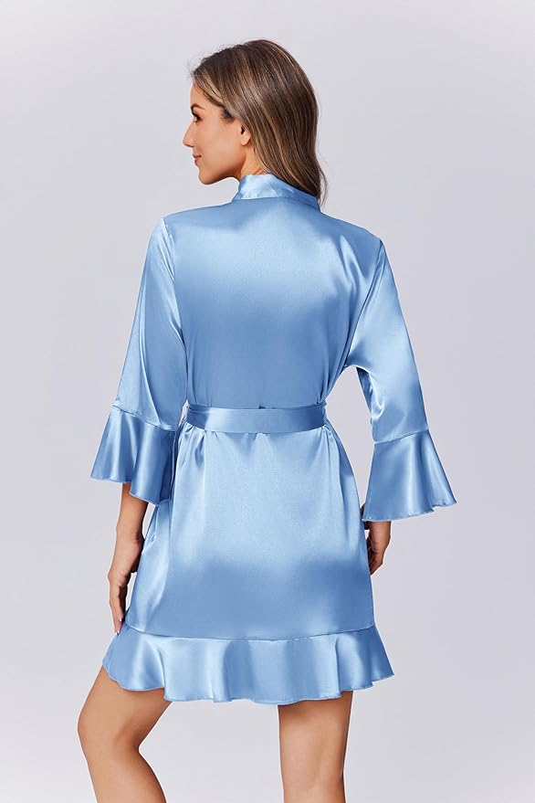 Ekouaer Women's Satin Robe Short Ruffle Hem Silky Robes Lightweight Kimono Brides Bathrobes Sleepwear XS-XXL