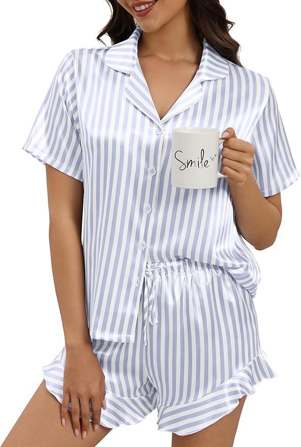 Silk Pajamas for Women Button Down 2 Piece Satin Pjs Shorts Set Ruffle Notch Collar Sleepwear Loungewear
