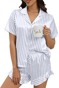 Silk Pajamas for Women Button Down 2 Piece Satin Pjs Shorts Set Ruffle Notch Collar Sleepwear Loungewear