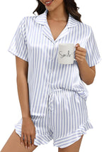 Silk Pajamas for Women Button Down 2 Piece Satin Pjs Shorts Set Ruffle Notch Collar Sleepwear Loungewear