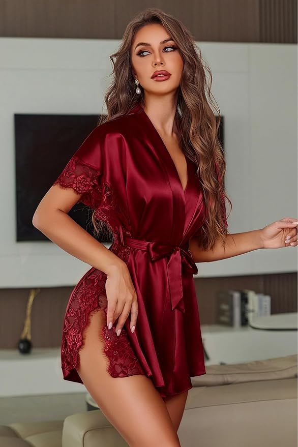 Avidlove Women Lingerie Robe Satin Sleepwear Eyelash Lace Kimono Side Split Sexy Silk Robes