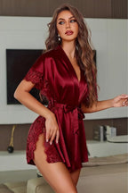 Avidlove Women Lingerie Robe Satin Sleepwear Eyelash Lace Kimono Side Split Sexy Silk Robes