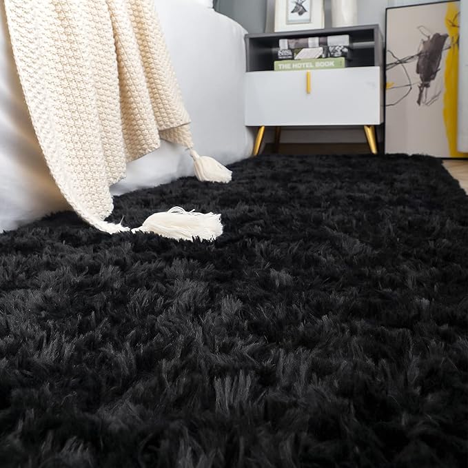 ISEAU Fluffy Runner Rug for Bedroom Plush Area Rugs, Shag Carpet with Rubber Backing Non Slip, Comfy Nursery Mat Bedside Mats for Kids Boys Room Home Decor, 2ft x 6ft, Black