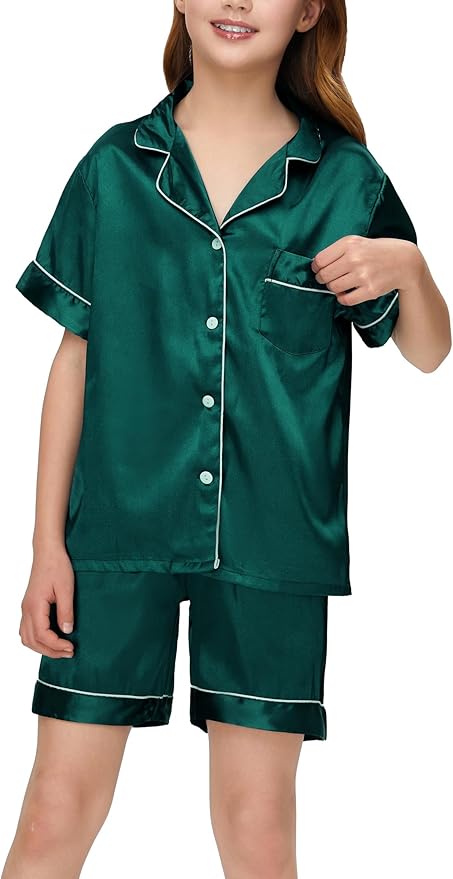 EPLAZA Kids Satin Pajamas Sets Girls Boys Button-Down Silky Pajamas Sleepwear with Hairband Eye Mask Hair Tie