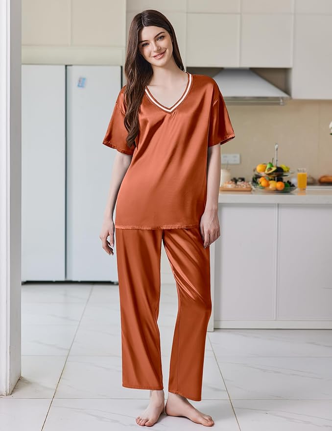 Ekouaer Satin Pajama Set for Women Short Sleeve Silky Pjs 2 Piece Lounge Sets Soft Comfy Sleepwear Loungewear S-XXL