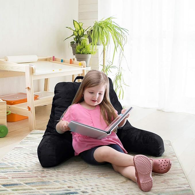 Clara Clark Reading Pillow for Kids & Teens with Shredded Memory Foam, Backrest Pillows for Reading, Watching, and Gaming, Use on The Couch, Bed, or Floor, Adjustable Support with Washable Cover Black