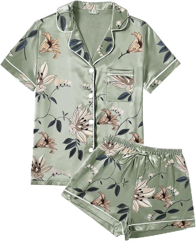 WJing Yi Jia 4Pcs Womens Satin Silky Pajama Sets Short Sleeve Shirt XS-4XL Floral Pajamas Set Soft PJ Loungewear Sleepwear