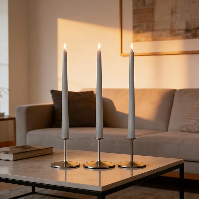 10-Inch Gray Taper Candles, 12 Pack Unscented and Dripless Candlesticks, Long-Lasting Burn Time of 7-8 Hours, Perfect for Home Décor, Weddings, and Events