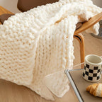 Luxury Chunky Knit Blanket Throw, Handmade Thick Chenille Yarn Throw 40"x40", Cream Cable Knit Crochet Blanket, Decorative Cozy and Soft Crochet Throw Blanket for Couch Home Decor