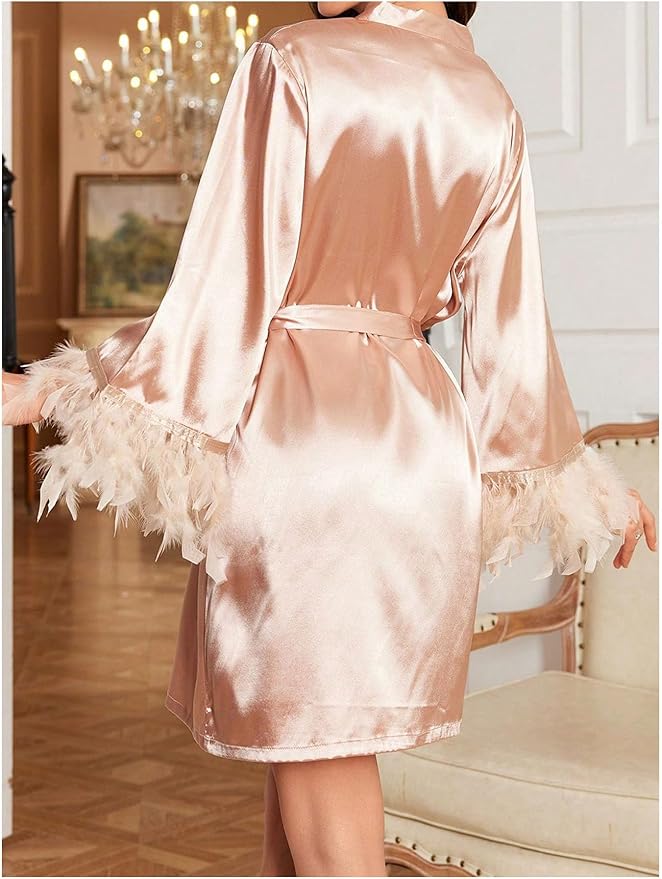 GORGLITTER Women's Satin Kimono Robe Feather Silk Robes Bridal Party Bridesmaid Robes
