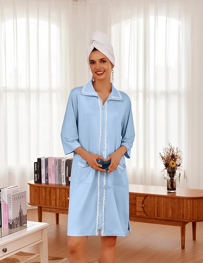 Ekouaer Women Zipper Robe Lightweight House Coat Zipper Front Short Bathrobes Soft Nightgown with Pockets S-3XL