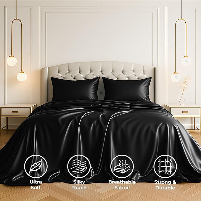 Pure Bedding Satin Sheets Full [4-Piece, Black] Hotel Luxury Silky Bed Sheets - Extra Soft 1800 Microfiber Sheet Set, Wrinkle, Fade, Deep Pocket Fitted Sheet, Flat Sheet, Pillow Cases