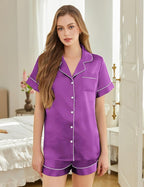 Silk Pajamas for Women Short Sleeve Sleepwear Soft Button Down Loungewear 2 Piece Satin Pjs Shorts Set S-XXL