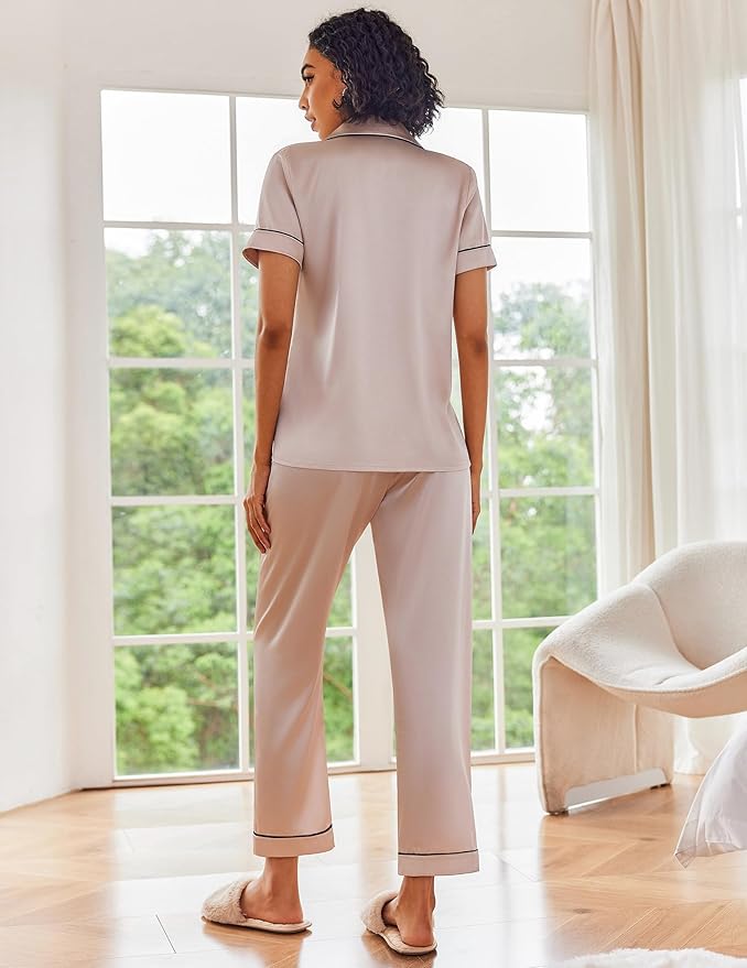 Ekouaer Satin Pajamas Set Women Short Sleeve Sleepwear Soft Button Down Loungewear Pjs Set