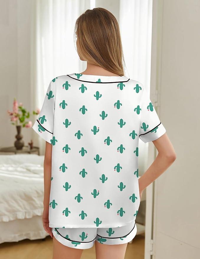 Silk Pajamas for Women Short Sleeve Satin 2 Piece Pj Set Soft V Neck Sleepwear Loungewear, S-XXL