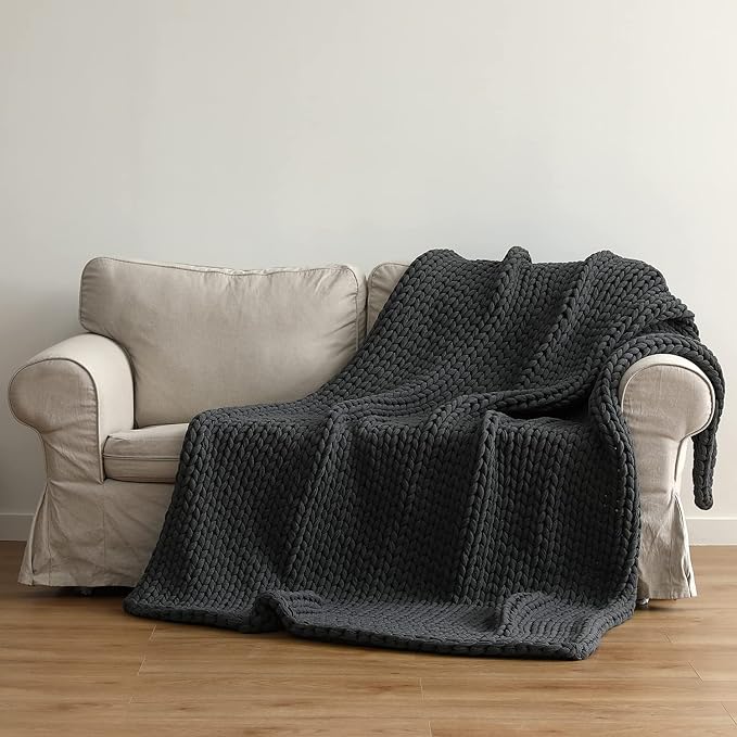 YnM 100% Cotton Weighted Blanket, Handmade Chunky Knitted Throw, No fillers Design, Soft and Breathable, Machine Washable Bed Blanket for Sleep or Home Decor (Dark Grey, 50x60 Inch, 15lbs)