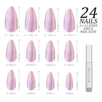 Hypnaughty 24 Pcs Light Pink Almond Chrome Luxury Press On Nails and Glue Reflective Medium Long Pointed False Nails (Light Pink Almond Chrome)