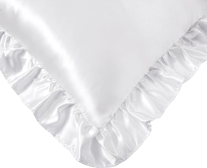 Silky Satin Ruffled Pillow Cases for Hair and Skin,White Silk Pillowcases King Set of 2 with Envelope Closure Princess Room Decoration