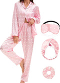 EPLAZA Silk Pajamas for Women Satin Pajamas Set 5 Pcs Long Sleeve Print Pattern Button Down Pjs Sleepwear Loungewear Set