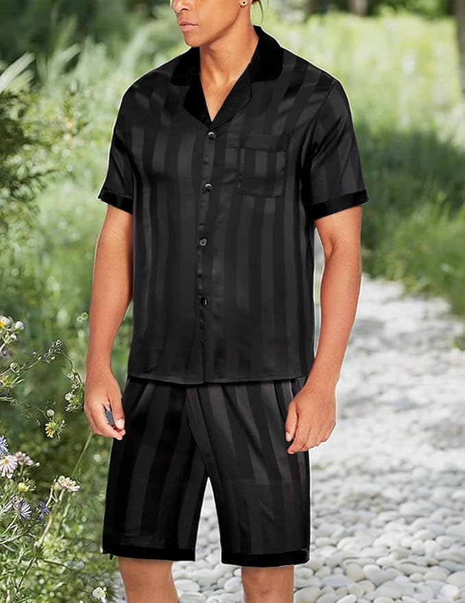 Ekouaer Men Satin Silk Pajamas Set with Pockets Sleepwear Shorts Satin Summer Loungewear 2 Piece Button Down Set S-3XL