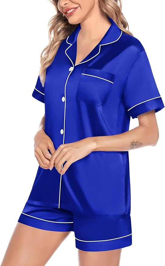 SWOMOG Satin Matching Pajamas Sets Couple Silk Button Down Nightwear Women & Men Short Sleeve Sleepwear 2 Pieces Loungewear