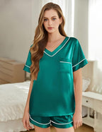 Silk Pajamas for Women Short Sleeve Satin 2 Piece Pj Set Soft V Neck Sleepwear Loungewear, S-XXL
