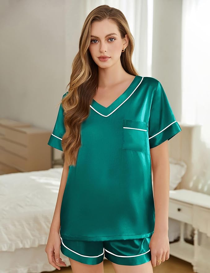 Silk Pajamas for Women Short Sleeve Satin 2 Piece Pj Set Soft V Neck Sleepwear Loungewear, S-XXL