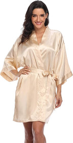 Women's Satin Kimono Robe Wedding Getting Ready Silky Bathrobe Short Bridesmaid Dressing Gown