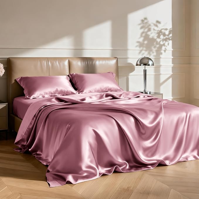 Love's cabin Twin Satin Sheets Sets - 3 Piece Rose Taupe Silky Bed Sheets with Deep Pockets, Luxury Silk Feel Satin Twin Size Sheet Set Bedding Set (1 Flat Sheet,1 Fitted Sheet,1 Pillow case)