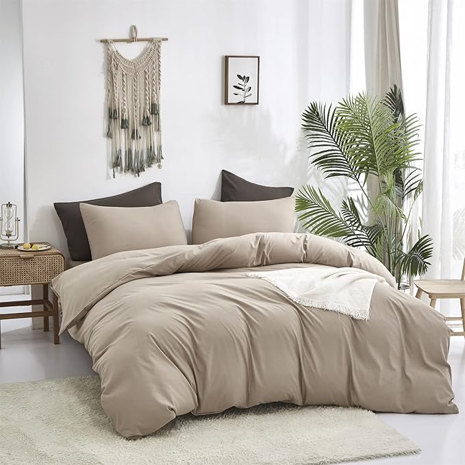 Luxlovery Khaki Comforter Set California King Cream Coffee Bedding Minimalist Taupe Color Cal King Dark Champagne Blanket Quilts Ultra Soft Breathable Comforter