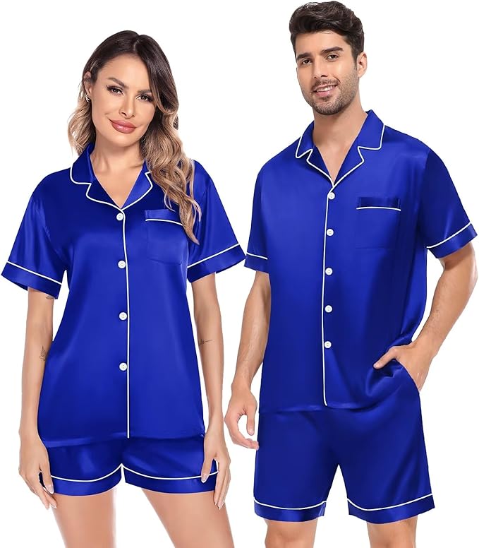 SWOMOG Satin Matching Pajamas Sets Couple Silk Button Down Nightwear Women & Men Short Sleeve Sleepwear 2 Pieces Loungewear