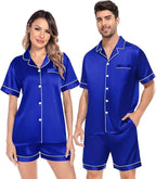SWOMOG Satin Matching Pajamas Sets Couple Silk Button Down Nightwear Women & Men Short Sleeve Sleepwear 2 Pieces Loungewear