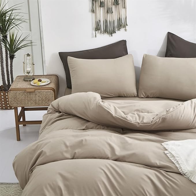 Luxlovery Khaki Comforter Set Full Cream Coffee Bedding Set Minimalist Bedding Set Solid Dark Champagne Blanket Quilts Modern Ultra Soft Breathable Taupe Comforter Set for Women Men Full Bed