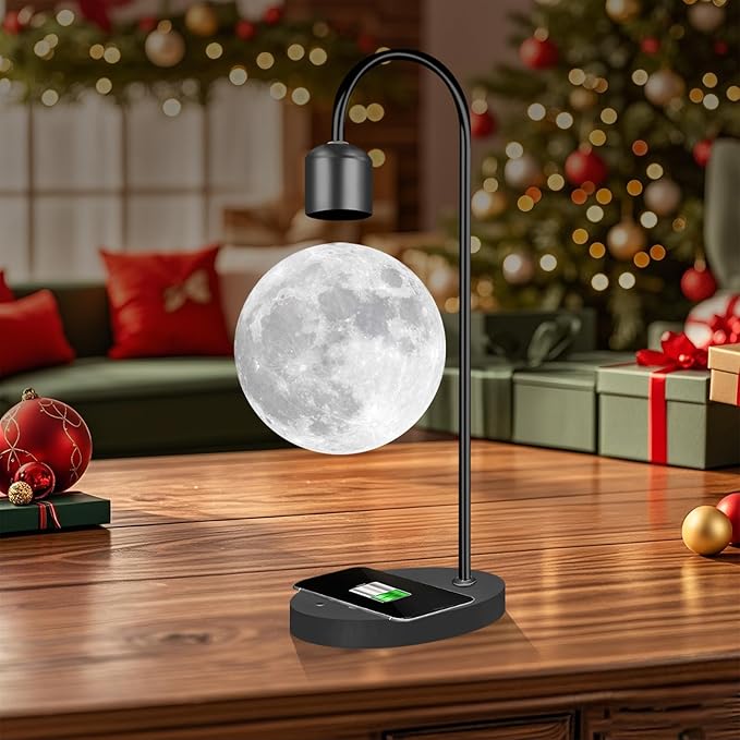 Magnetic Levitating Moon Lamp with 15W Wireless Phone Charger 3-Color LED Floating Night Light Desk Lamp for Bedroom Home Office Decor