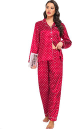 SWOMOG Womens Silk Satin Pajamas Set Long Sleeve Button Down Sleepwear 2 Piece Lounge Set Pj Set XS-3XL