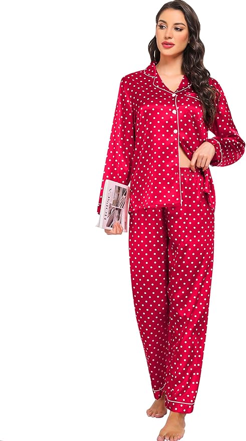SWOMOG Womens Silk Satin Pajamas Set Long Sleeve Button Down Sleepwear 2 Piece Lounge Set Pj Set XS-3XL