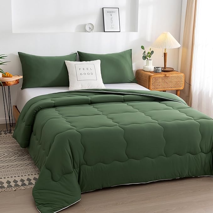 COTTEBED 2 Pieces Ultra-Soft Olive Green Twin XL Bedding Comforter Set, Twin Size Jersey Knit T-Shirt Feel Cozy Cute Lightweight Quilt Blanket for Kid Teens School College Dorm All Season Use 68"x92"