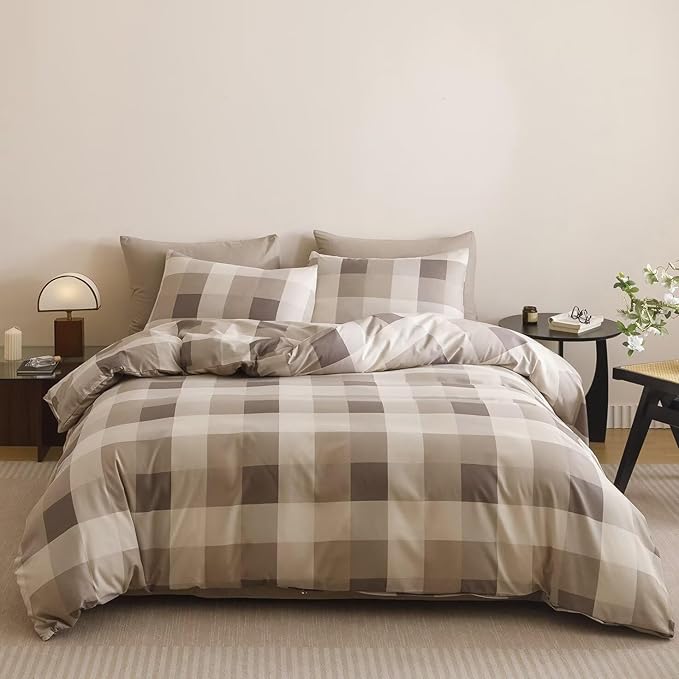 Cottonight Checkered Khaki Comforter Set Twin Gingham Grid Bedding Set Khaki and Cream Coffee Grid Comforter Fluffy Soft Bedding Set Kids Teens Twin Comforter with 2 Pillowcases